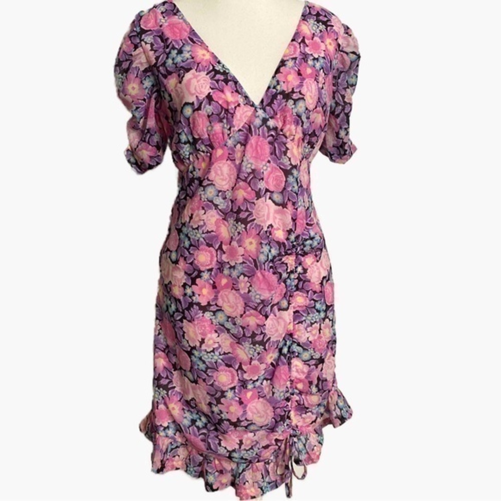 Divided Bright Pink and Purple Floral V-Neck Dress NWT